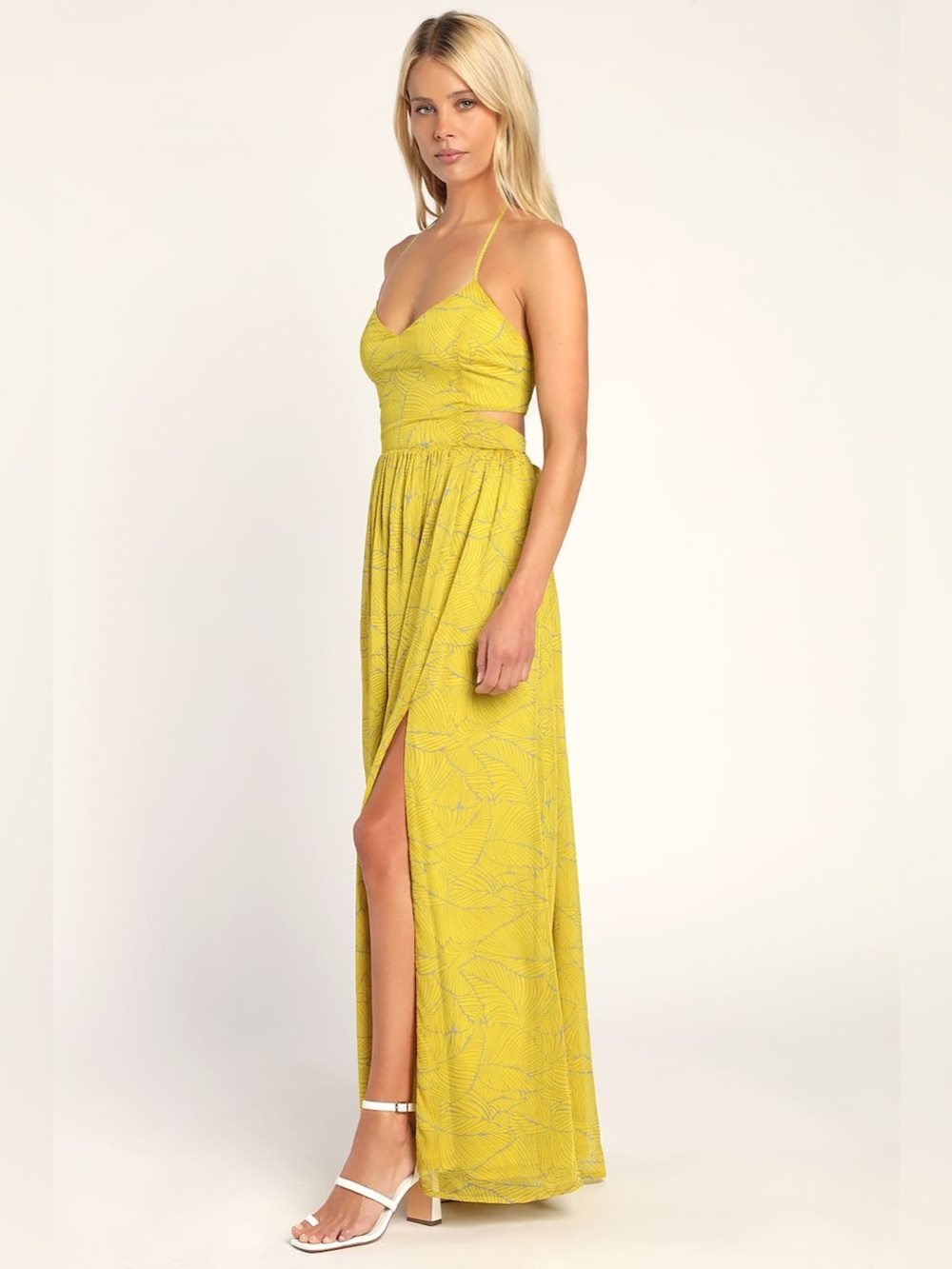Lulus Balmy Beauty Yellow Tropical Print Halter Cutout Maxi Dress